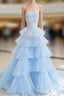 Blue Strapless Tulle Layers Long Prom Dress, A-Line Evening Dress