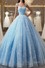 Blue Straps Tulle Floral Long Prom Dress, Blue Formal Dress Party Dress