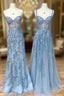 Blue Sweetheart Neck Lace Long Prom Dress, Blue Lace Graduation Dress