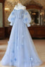 Blue Sweetheart Tulle 3D Flower Long Prom Dress, Blue Evening Dress