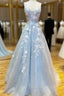 Blue Tulle 3D Appliques V-neck Prom Dress