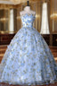 Blue Tulle 3D Flower Strapless Quinceanera Dress