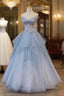 Blue Tulle A-Line Strapless Long Prom Dress, Blue Evening Party Dress