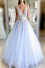 Blue Tulle Appliques V-neck Prom Dress
