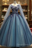 Blue Tulle Ball Gown Long Sweet 16 Dress With Lace Applique, Prom Dress
