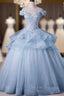 Blue Tulle Ball Gown Off Shoulder Layers Sweet 16 Dress, Blue Formal Dress with Lace