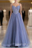Blue Tulle Beaded Long Prom Dress, Beautiful Spaghetti Strap A-Line Evening Party Dress
