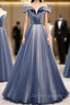 Blue Tulle Beads Long Prom Dress, Blue Tulle Formal Dress
