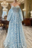 Blue Tulle Butterfly Long Sleeve Prom Dress