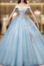 Blue Tulle Embroidery Sequins Off the Shoulder Quinceanera Dress