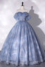 Blue Tulle Lace Long Ball Gown, Off The Shoulder Formal Evening Gown