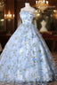 Blue Tulle Lace Long Prom Dress, Ball Gown Blue Sweet 16 Dress