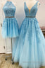 Blue Tulle Lace Prom Dress, Blue Tulle Lace Formal Evening Dress