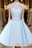 Blue tulle lace short prom Dress, blue tulle lace homecoming Dress