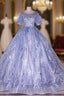 Blue Tulle Lace Short Sleeve Backless Beading Quinceanera Dress