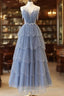 Blue Tulle Layers Straps Beaded Long Prom Dress, Blue A-Line Evening Dress