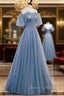Blue Tulle Long A-Line Prom Dress, Off the Shoulder Evening Party Dress