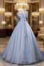 Blue Tulle Long A-Line Prom Dress Party Dress, Beautiful Off the Shoulder Blue Evening Dress
