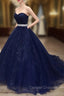 Blue Tulle Long Evening Gown Party Dress, Navy Blue Sweet 16 Gown
