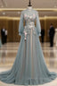 Blue Tulle Long Sleeve Appliques High Neck Prom Dress
