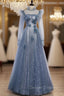 Blue Tulle Long Sleeve High Neck Backless Prom Dress