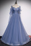 Blue Tulle Long Sleeve Prom Dress, A-Line Blue Evening Party Dress