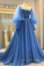 Blue Tulle Long Sleeve Prom Dress, A-Line Tulle Formal Evening Dress
