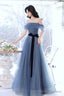 Blue Tulle Off Shoulder Long Formal Dress With Bow, A-Line Evening Gown