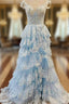 Blue Tulle Off the Shoulder Sequins Appliques Prom Dress