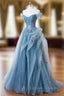 Blue Tulle Off the Shoulder Tulle Appliques Prom Dress
