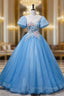 Blue Tulle Puff Sleeve Appliques Quinceanera Dress