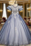 Blue Tulle Puff Sleeve Backless Beading Quinceanera Dress