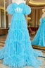 Blue Tulle Puff Sleeve Prom Dress