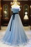 Blue Tulle Sequin Long Prom Dress A Line Tulle Blue Formal Dress