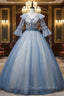 Blue Tulle Sequins Embroidery Short Sleeve Quinceanera Dress