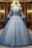 Blue Tulle Sequins Embroidery Short Sleeve Quinceanera Dress