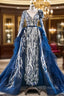 Blue Tulle Sequins Long Sleeve Rose Flower Prom Dress