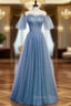 Blue Tulle Sequins Off the Shoulder Beading Pleats Prom Dress