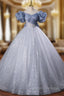 Blue Tulle Sequins Off the Shoulder Bow Quinceanera Dress