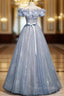 Blue Tulle Sequins Off the Shoulder Flower Beading Prom Dress