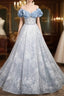 Blue Tulle Sequins Off the Shoulder Pearls Prom Dress