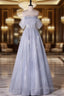 Blue tUlle Sequins Off the Shoulder Prom Dress