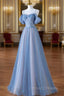 Blue Tulle Sequins Pearls Spaghetti Straps Prom Dress