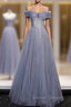 Blue Tulle Sequins Pleats Beading Prom Dress