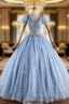 Blue Tulle Sequins Puff Sleeve Pleats Quinceanera Dress