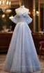 Blue Tulle Sequins Spaghetti Straps Beading Prom Dress