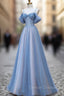 Blue Tulle Sequins Spahetti Straps Prom Dress