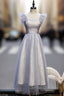 Blue Tulle Sequins Square Ankle Length Prom Dress