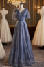 Blue Tulle Sequins V-neck Short Sleeve Prom Dress