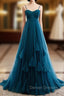 Blue Tulle Spagehtti Straps High Waist Pleats Prom Dress